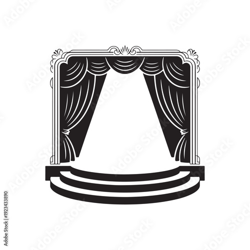 Theater Stage line art Illustration, Curtains and Empty Seats, Hand-Drawn Performance Scene vector art illustration. outline drawing theater stage with certain chair