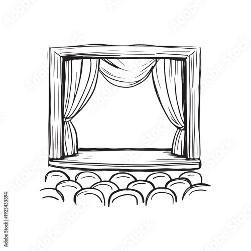 Theater Stage line art Illustration, Curtains and Empty Seats, Hand-Drawn Performance Scene vector art illustration. outline drawing theater stage with certain chair
