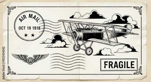 Vintage Air Mail Airplane Illustration with Fragile Stamp.
