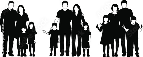 Happy family silhouette illustration, parents with children standing together, black people figures, flat design, isolated on white background
