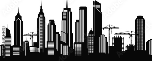 Modern city skyline silhouette with towering skyscrapers and construction cranes representing urban development metropolitan growth civil engineering and real estate architecture vector illustration 