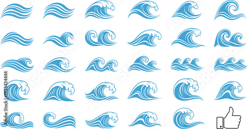 Ocean wave icon collection with blue water splash symbols isolated flat vector illustration nautical design set