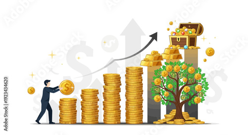 A businessman investing in a growing stack of gold coins, symbolizing financial growth, wealth accumulation, and successful investment strategies.
