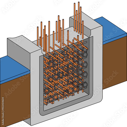 3D illustration of a cross-section showing internal structure with orange rods.