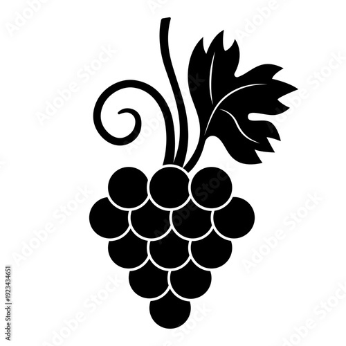 Grape bunch with leaf, silhouette template. Vector illustration for winery logos, wine labels, organic food packaging, restaurant menu graphics, decorative stencils.