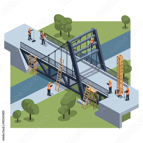 Construction workers repairing a metal bridge over a river.