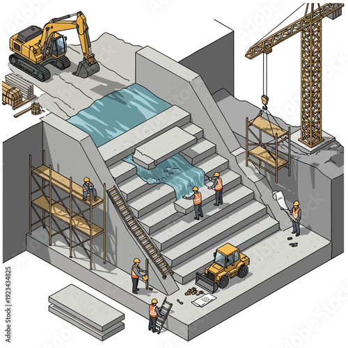 Construction site with workers building a dam or lock with heavy machinery.