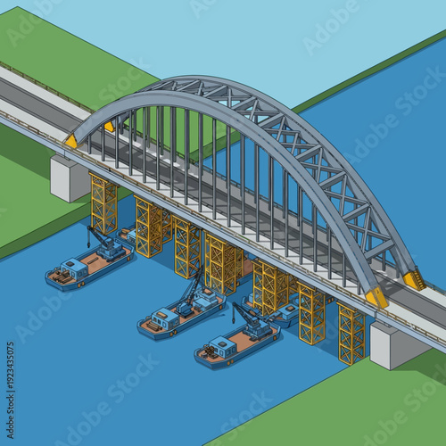 3D rendering of a steel arch bridge under construction over a river.