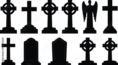 Celtic cross and angel gravestone silhouettes collection isolated on white background, cemetery memorial vector illustration set