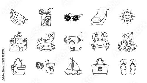 Summer fun collection: A collection of meticulously drawn summer elements, inviting the viewer to envision the pleasures of sunshine, sea, and relaxation.