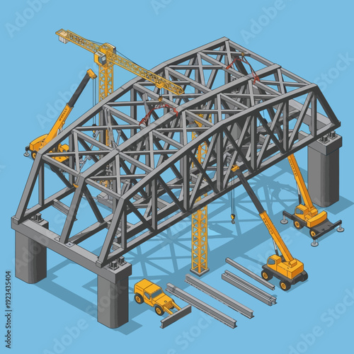 Construction Site with Crane and Steel Framework Under Development.