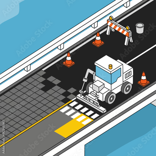 Road maintenance with a milling machine and traffic cones.
