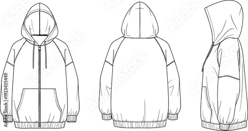 Hoodie jacket line art front back side views, modern hooded sweatshirt outline illustration for fashion design and technical drawing use