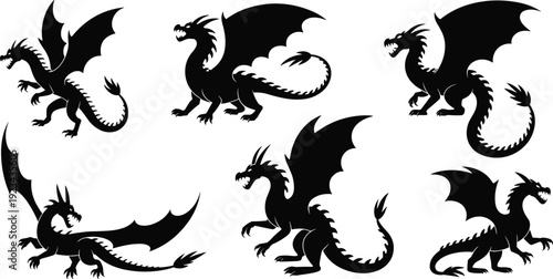 Black dragon silhouettes set with wings and fierce poses isolated on white background fantasy mythical creature vector illustration collection