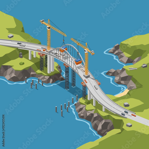 Bridge Construction Site Over Water with Cranes and Vehicles.