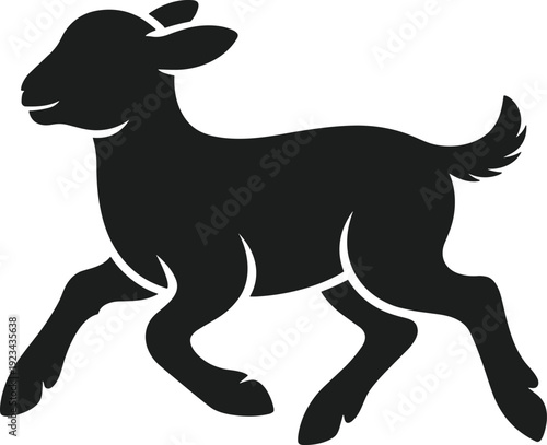 Black silhouette of a running lamb with a curved tail and floppy ears white