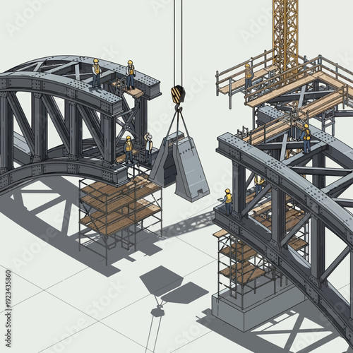 Construction site with crane lifting metal beam into place.