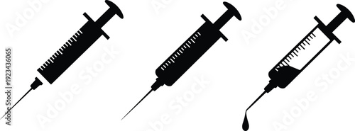 Medical syringe silhouettes set with needle and liquid drop isolated on white background healthcare vaccination vector illustration collection