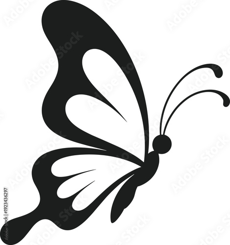 Black butterfly silhouette vector graphic with flowing wings and antennae insect