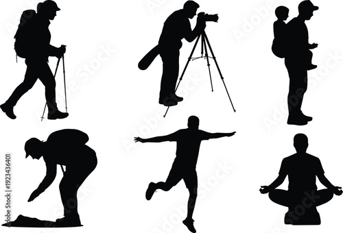 Outdoor activity silhouettes set featuring hiker photographer parent child yoga and runner isolated on white background vector illustration collection