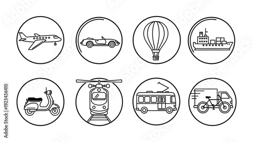 Transportation Icons: A collection of various transportation modes are presented, each artfully encapsulated within a circle.