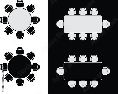 Conference table top view layout, meeting room seating arrangement silhouettes isolated on white background for office planning