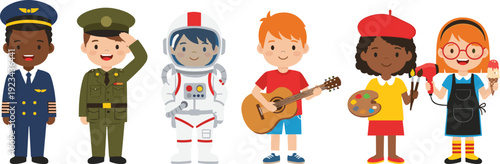 Children career illustration, cartoon kids professions, hobby role artwork, educational clipart design, creative occupation drawing, playful character silhouette, flavector