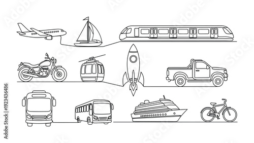 Transportation Line Art: A collection of various transportation modes artfully illustrated, charting journeys through air, land, and sea. Capturing the essence of travel and transit.