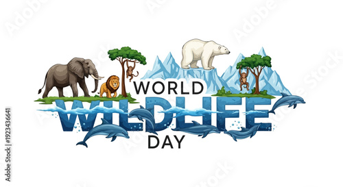 Vector illustration of World Wildlife Day with various endangered animals and conservation elements on a white background.