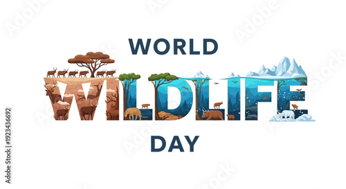 World Wildlife Day vector illustration featuring iconic animals and habitats in a colorful, stylized design for conservation and biodiversity awareness.