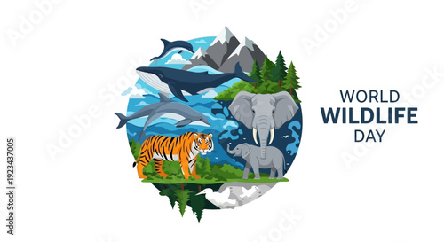 Vector illustration of various endangered animals, including elephant, tiger, and panda, on World Wildlife Day 2026, promoting conservation and biodiversity with a colorful, iconic design