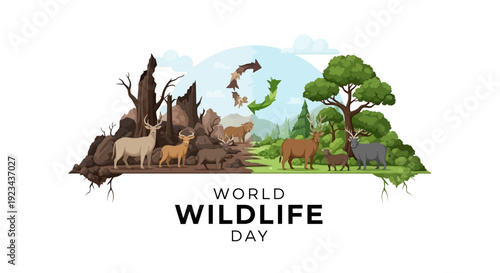 Illustration of World Wildlife Day 2026 with various endangered animals and conservation elements in a vector style icon.