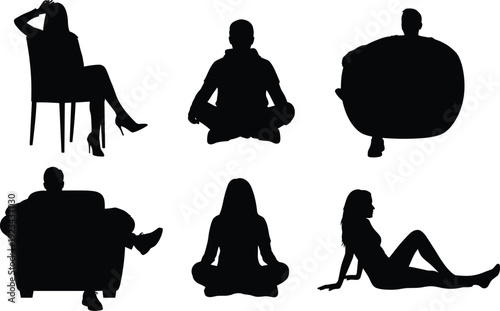 Human sitting silhouettes set, men and women seated poses, yoga meditation chair sofa black isolated vector illustration collection design concept