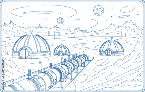 Futuristic space domes on a distant planet with pipeline and mountains  scifi illustration