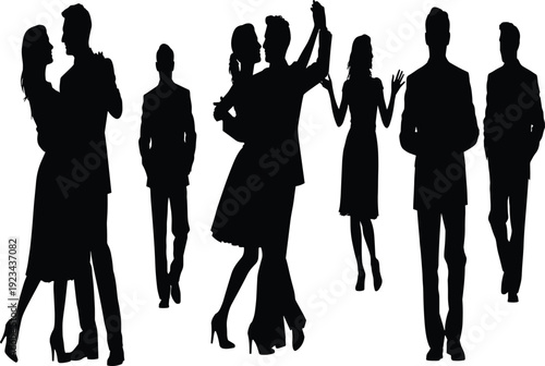Dancing couple silhouettes collection, elegant men and women in ballroom and social dance poses isolated on white background