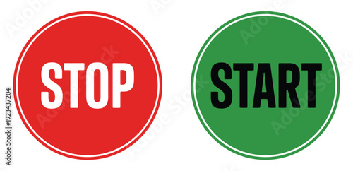 Start and Stop Buttons in Green and Red Circular Designs Representing Process Control Workflow Management, Green Start and Red Stop Icons, Process Control Start Stop Sign, Vector UI Elements, 