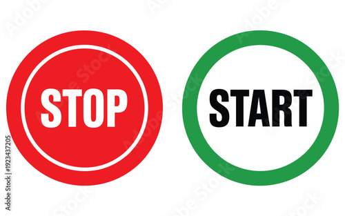 Start and Stop Button Icon Set, Green Start Red Stop Circular Designs for Workflow Management, Process Control Symbols, Operational Interface Icons, Vector Illustrations for Business and Industrial 