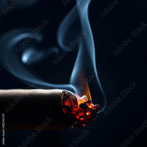 An artistic macro shot of a smoldering cigar, focusing on the glowing embers and the delicate wisps of smoke rising with copy space