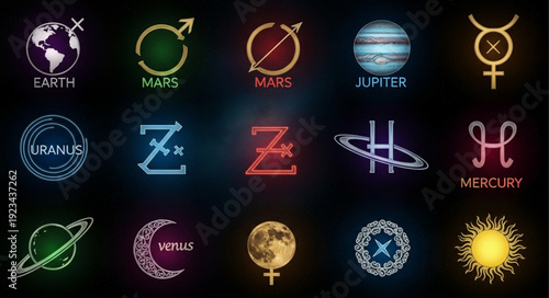 Collection of Astrological Symbols and Celestial Bodies.