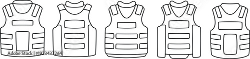 Tactical bulletproof vest line icon set isolated on white background military police body armor vector illustration collection