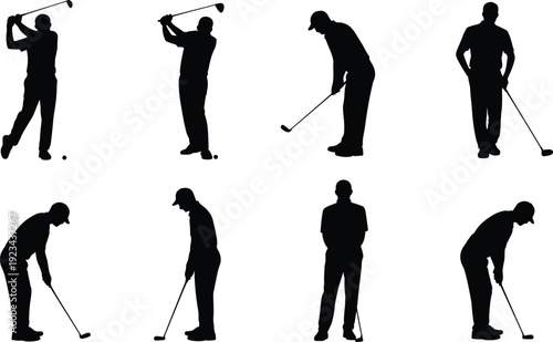 Golf swing silhouette sequence, male athlete profile vector, sports training illustration, golf club motion stages, fitness, recreation, competitive sport design