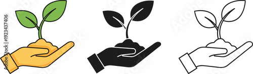 Hand holding plant illustration, growth nurturing vector design, sustainability eco artwork, environmental care silhouette, outline and color style concept, flavector