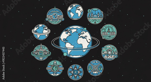 Global network of interconnected planets and Earth illustration.