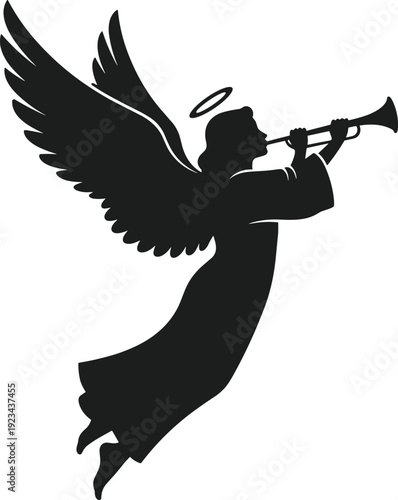 Black silhouette angel blowing trumpet with halo and wings white background