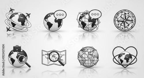 Collection of travel and communication icons featuring globes and maps.