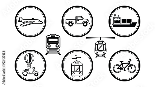 Transportation Icons: A collection of various transportation modes are artfully displayed, perfect for illustrating themes of travel, logistics, and movement. 