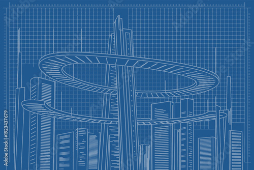 blueprint of a futuristic city with a large circular structure and skyscrapers  urban landscape design concept