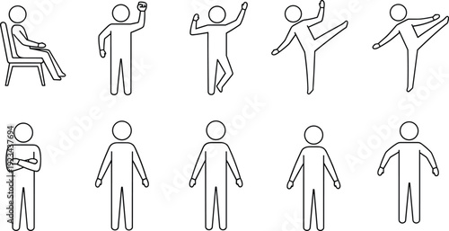 Human stick figure poses set, standing sitting jumping kicking actions, simple people pictogram line art illustration icons for design use