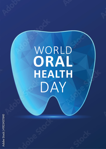 World Oral Health Day awareness poster with glossy tooth illustration