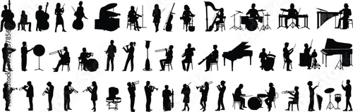 Silhouette orchestra musicians playing instruments, jazz band, classical ensemble, music performance, concert illustration, vector art for stock platforms